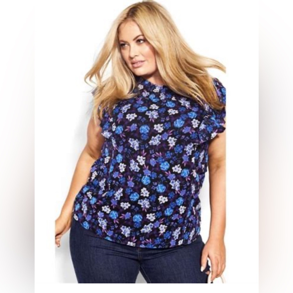 City Chic Floral Print Blouse - Blue/White Purple